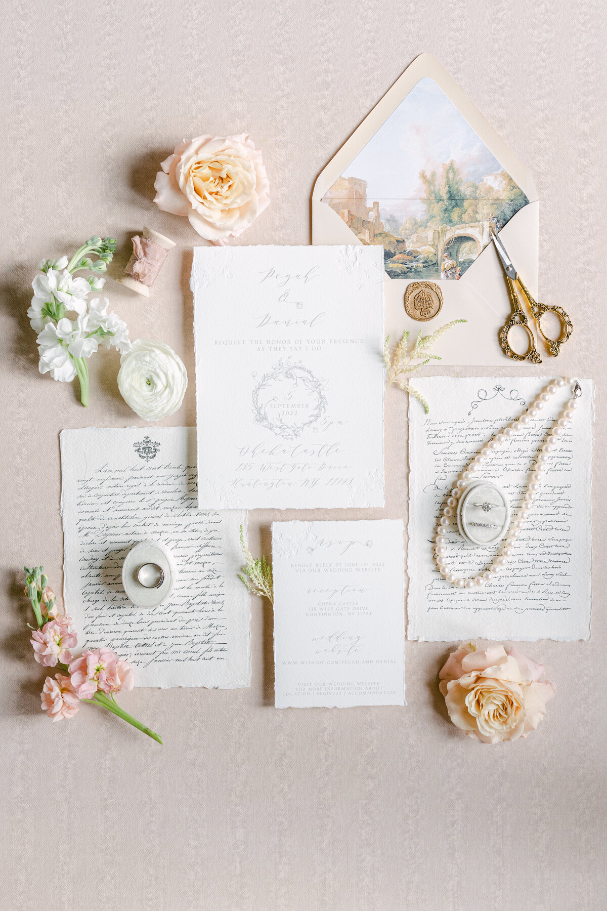 Oheka castle Invitation Suite Flatlay by FIne Art Wedding Photographer Ayenia Nour