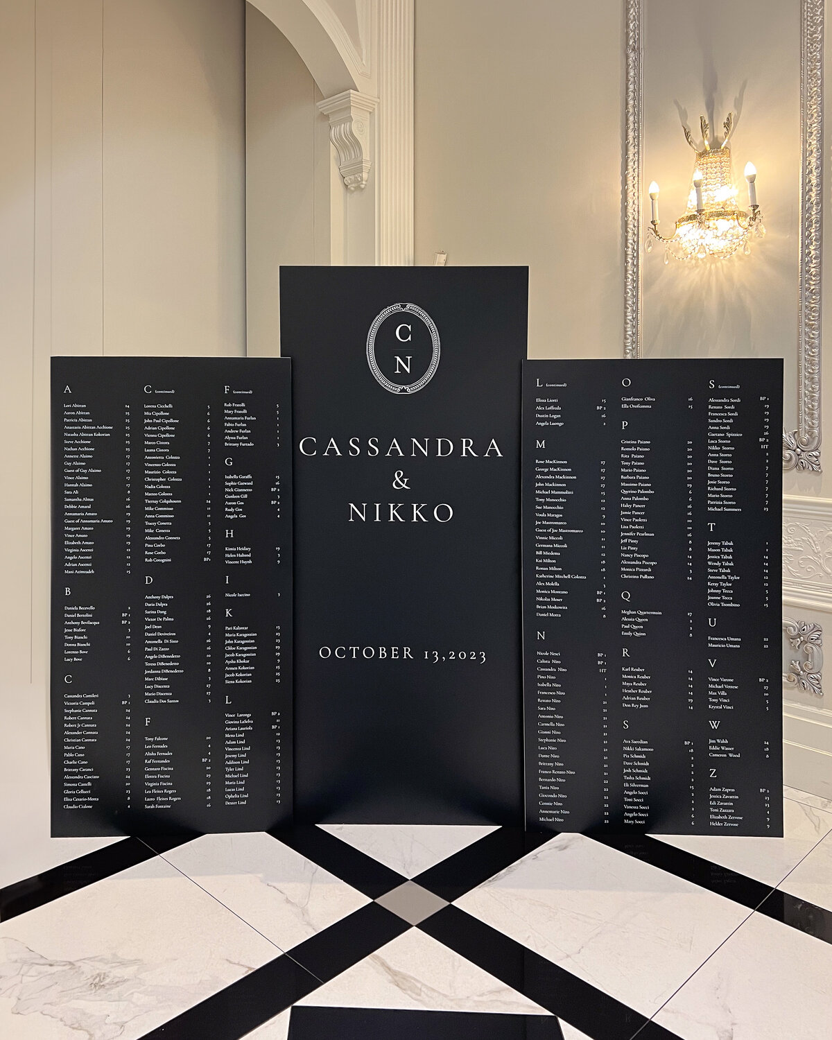 Acrylic Black Wedding Escort Sign with Traditional Monogram