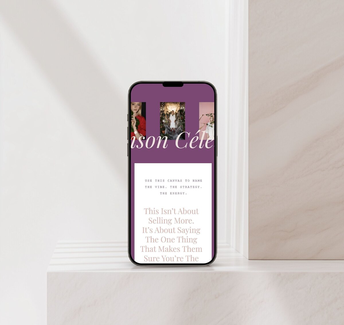 Maison Celeste luxury mobile ShowIt sales page template mockup on iPhone with warm minimal styling — premium ShowIt sales page design.