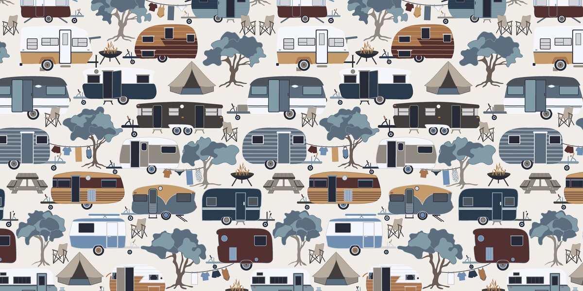 Caravan camping camp surface pattern Australia Riverview Green Acre Designs