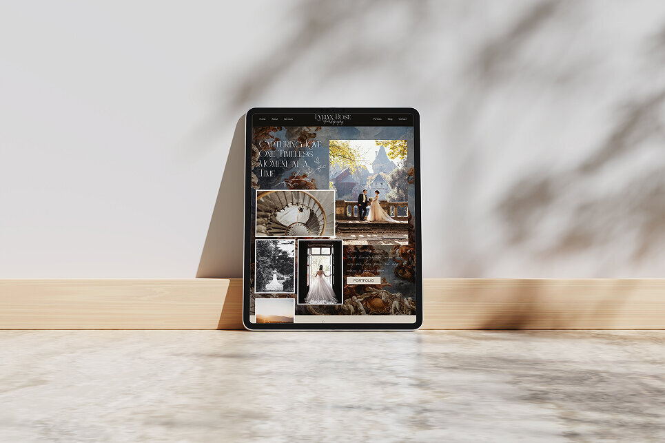 Showit website designed with a dark, cinematic style for a moody wedding photographer by Kami Alicja
