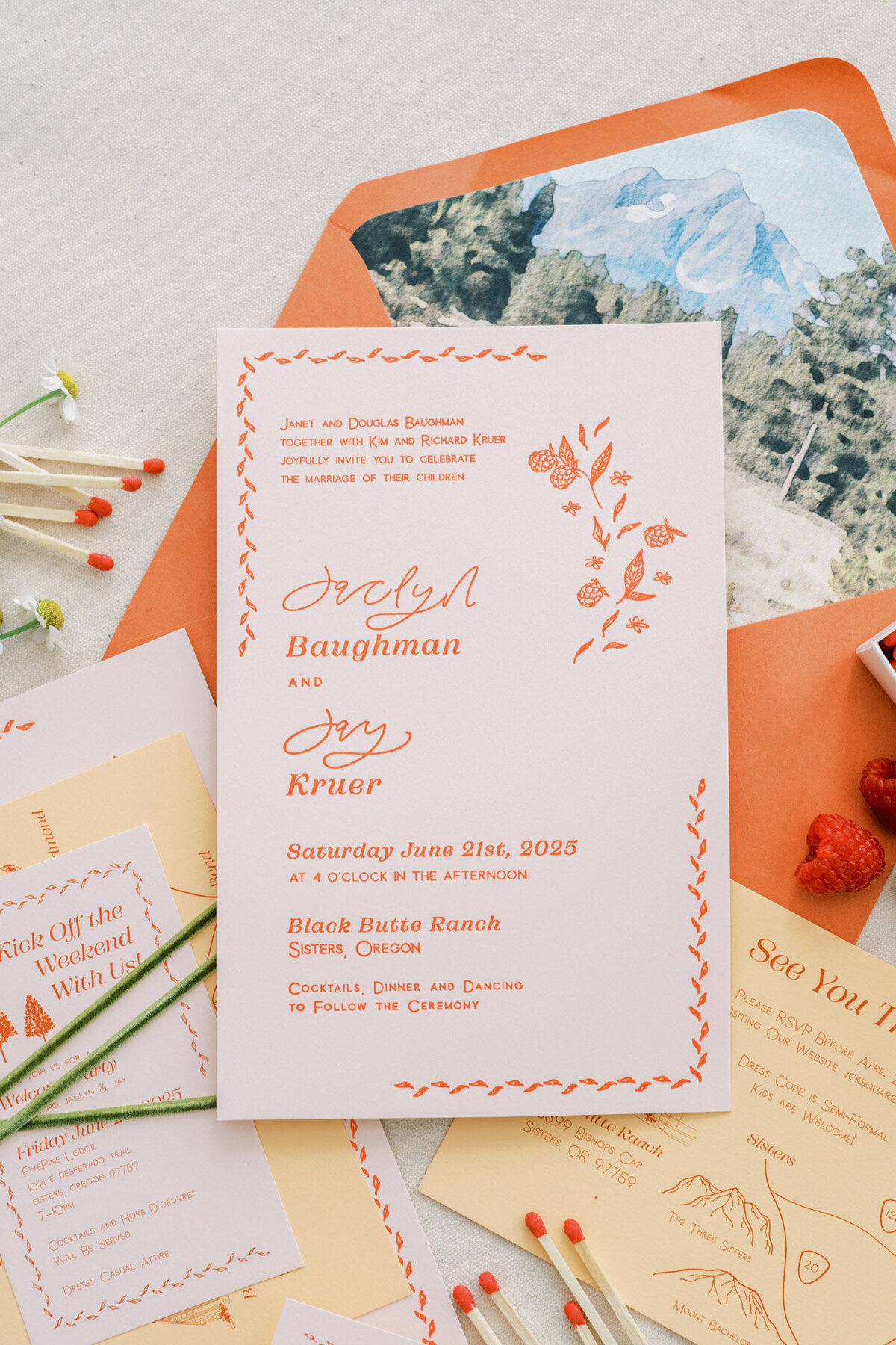 Coral and peach wedding invitation with calligraphy custom details, florals and berries representing full service design and calligraphy by Life in Letters.