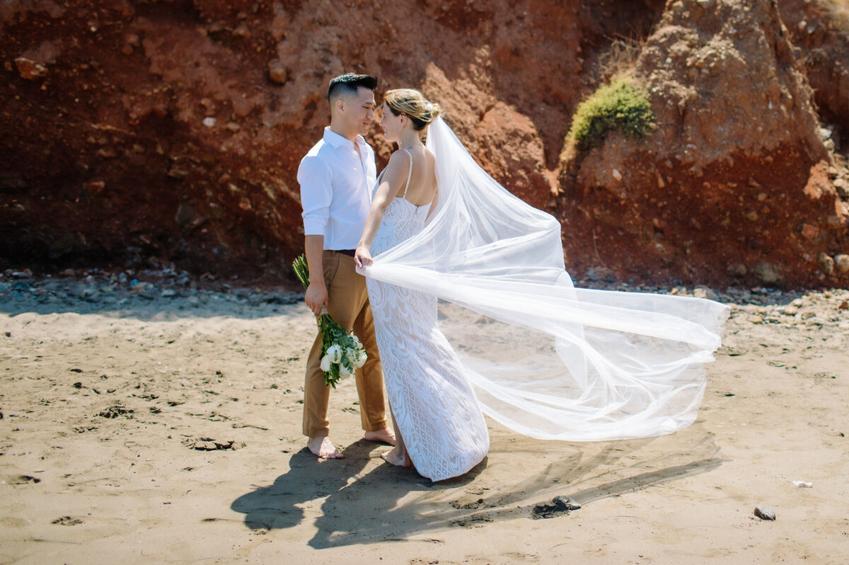 bride and groom on beach with veil
