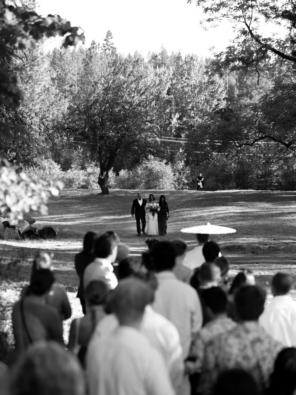 Bride walking down the aisle at outdoor wedding in California
