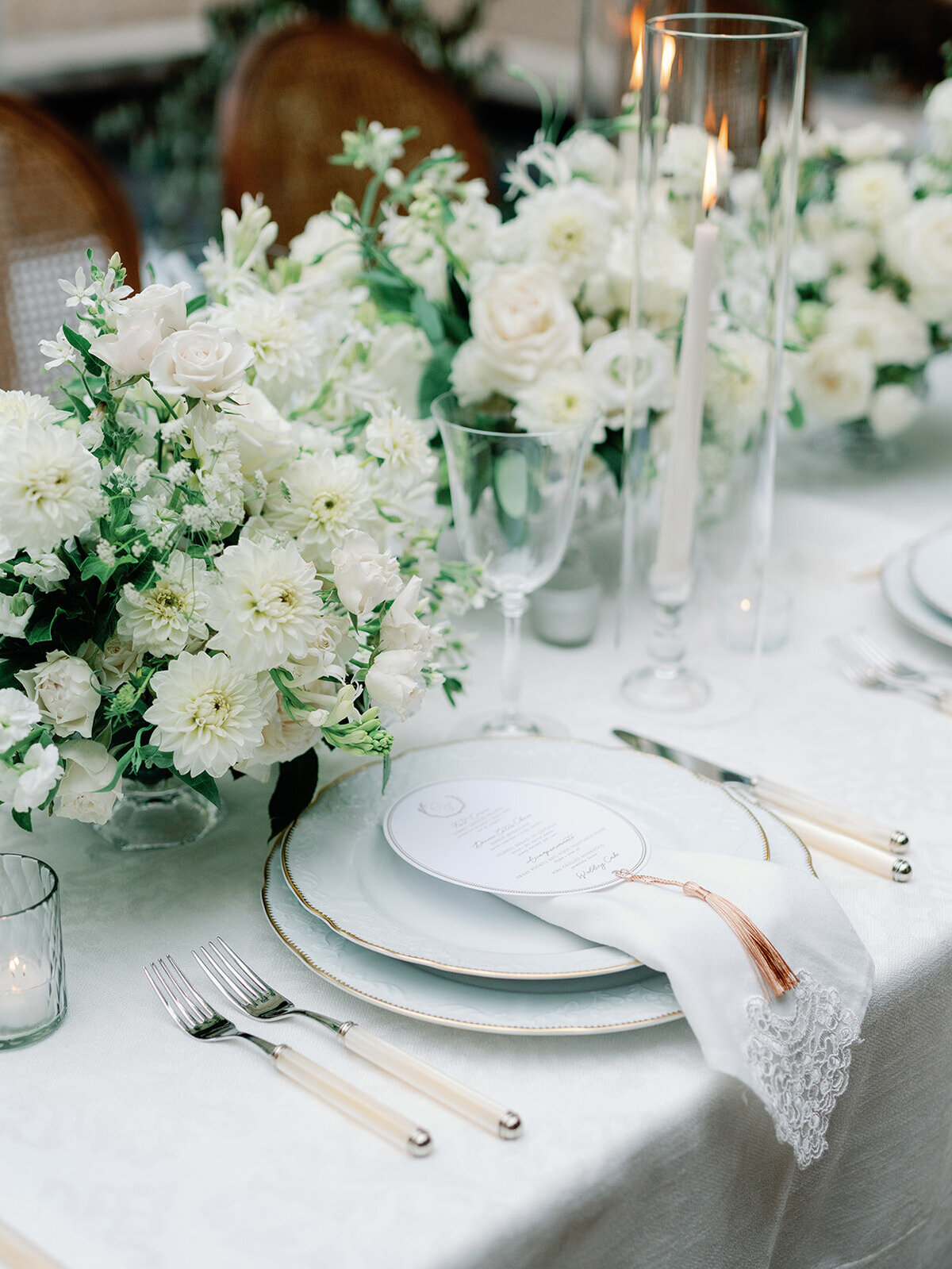 Classic table setting with creams and greens