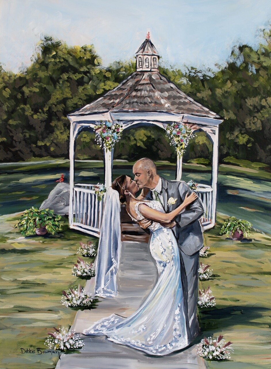 Bride and groom painting, in front of a gazebo at Phil Poor House Farm in West Virginia