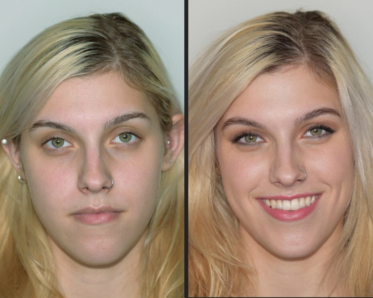 before and after makeup blond green eyed beauty with brown and cooper and a pink lip