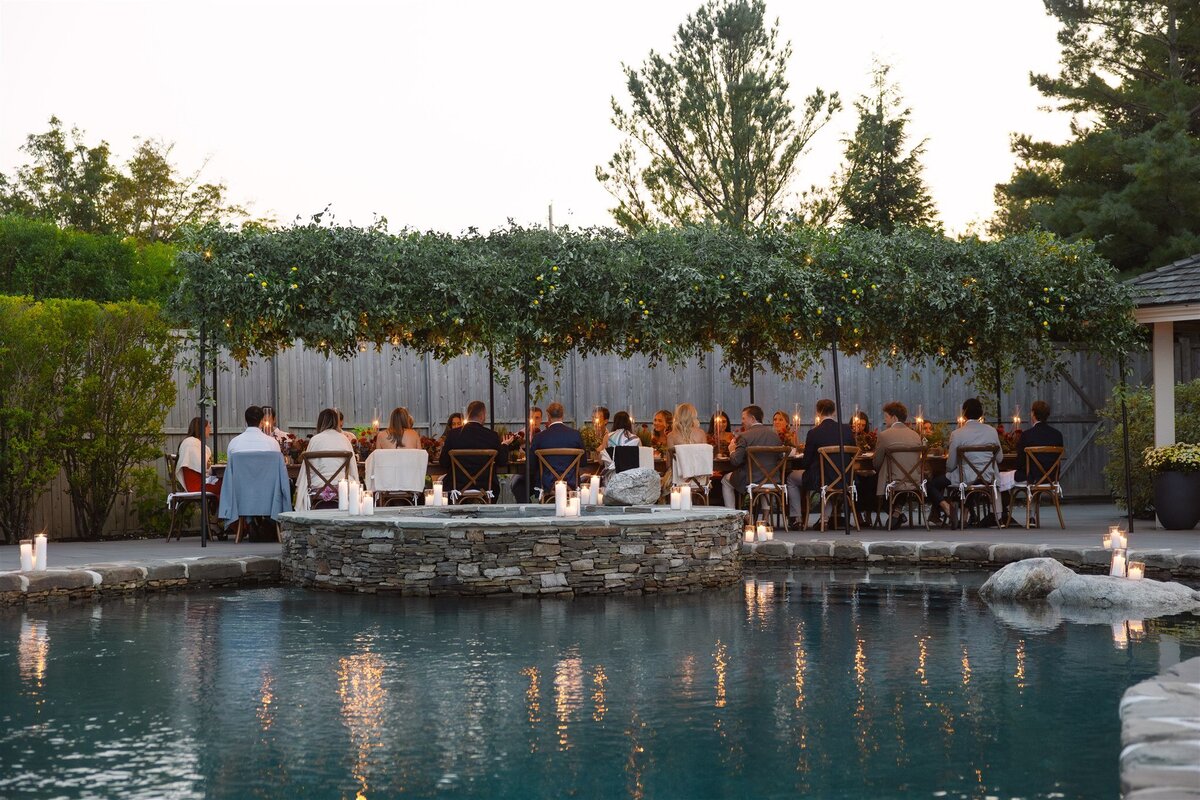 Farm tables, metal arch, Market lights, glass orbs (13)