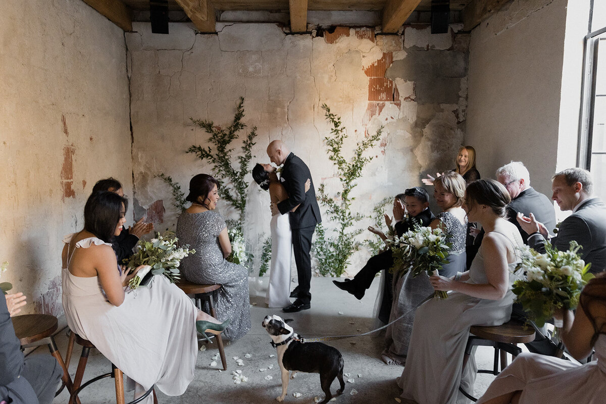 couple kisses as the guests applaud and their dog barks his joy