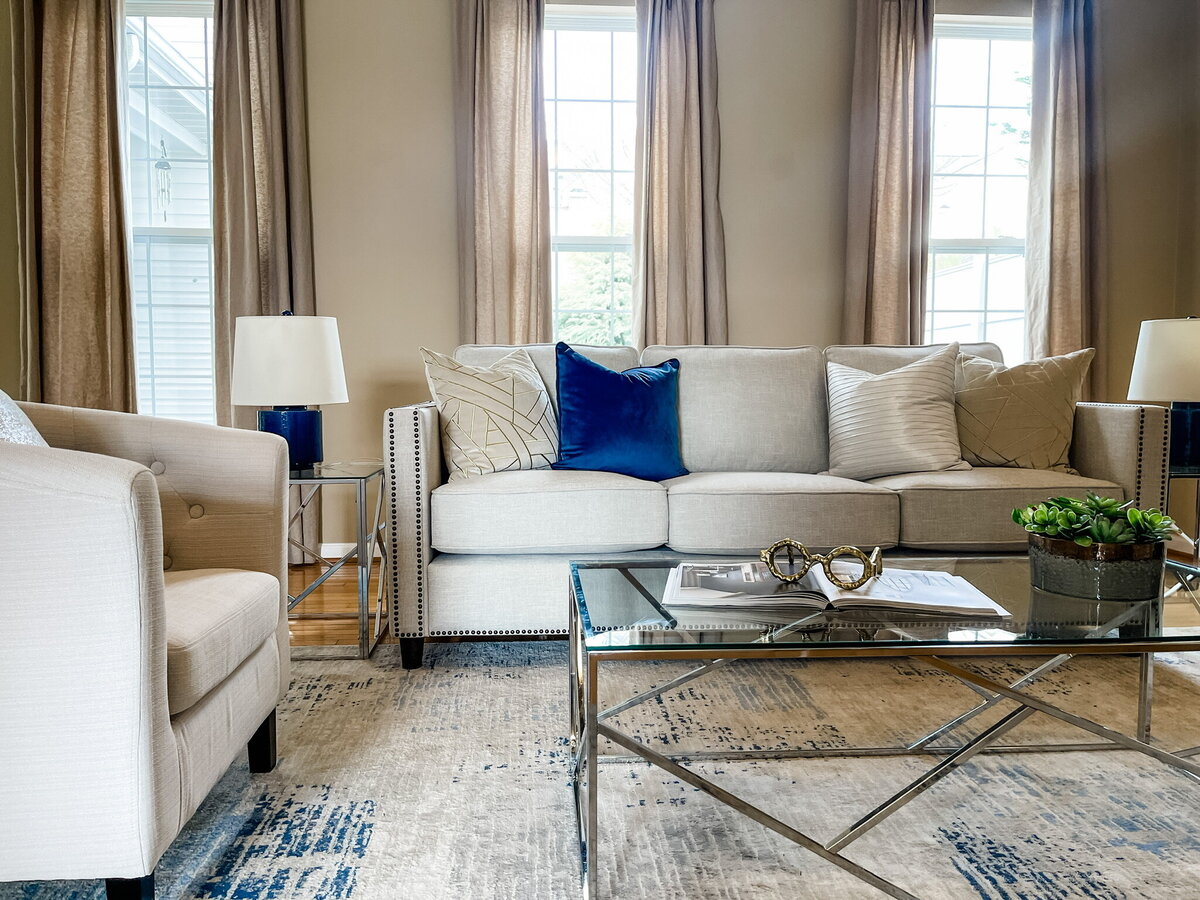 living room with blue accents