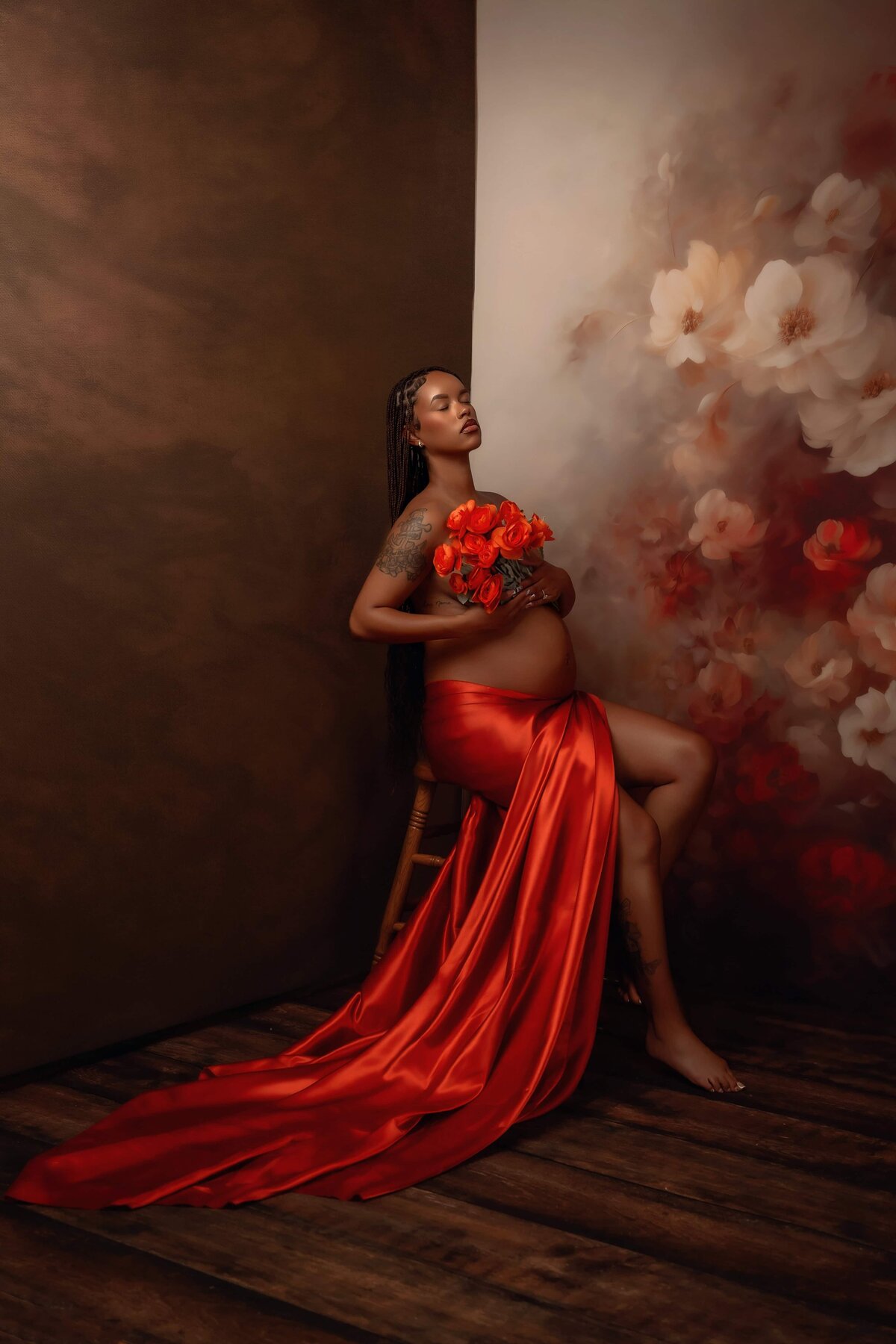 Floral maternity photos taken in studio Chicago