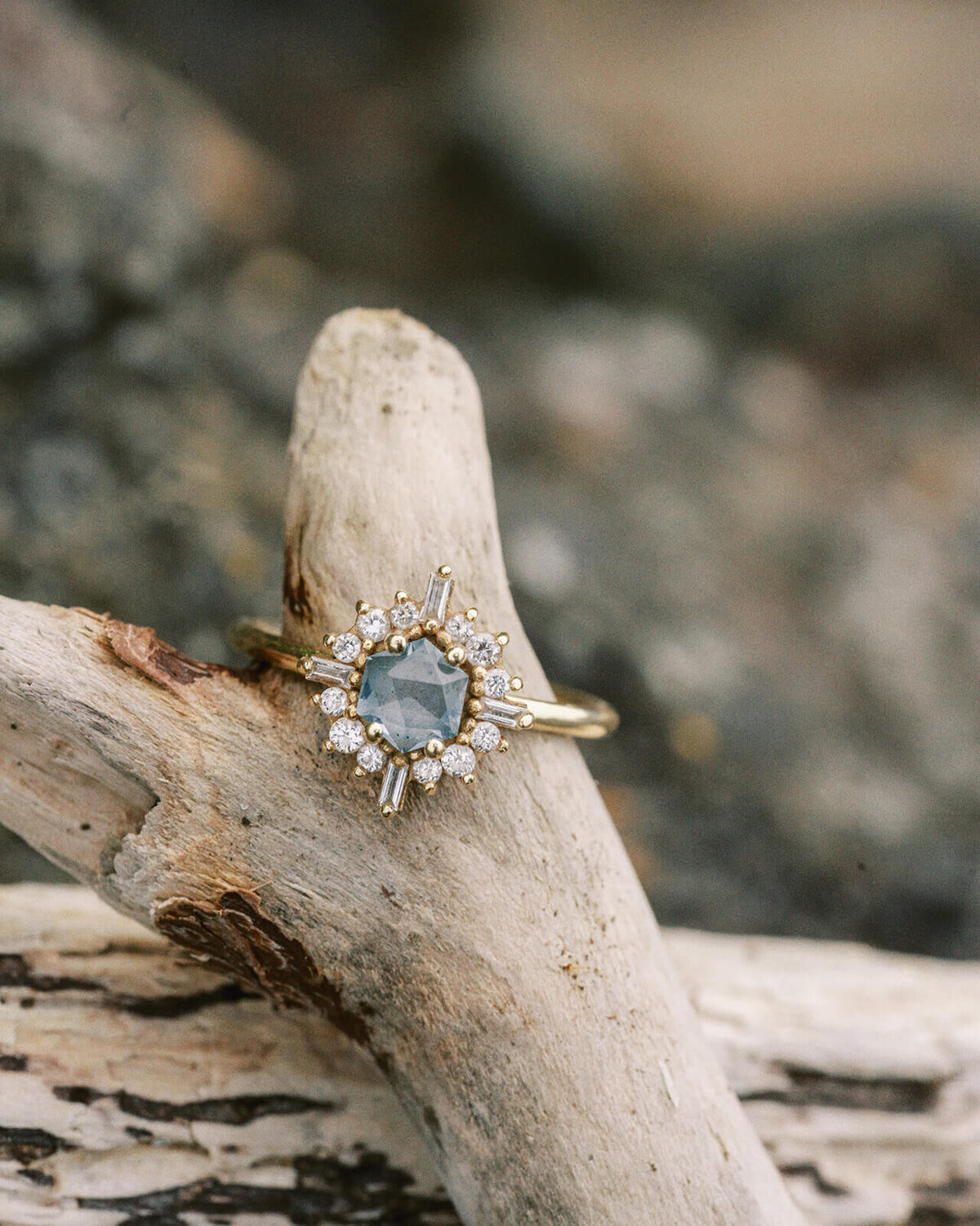 An engagement ring on a piece of driftwood. 