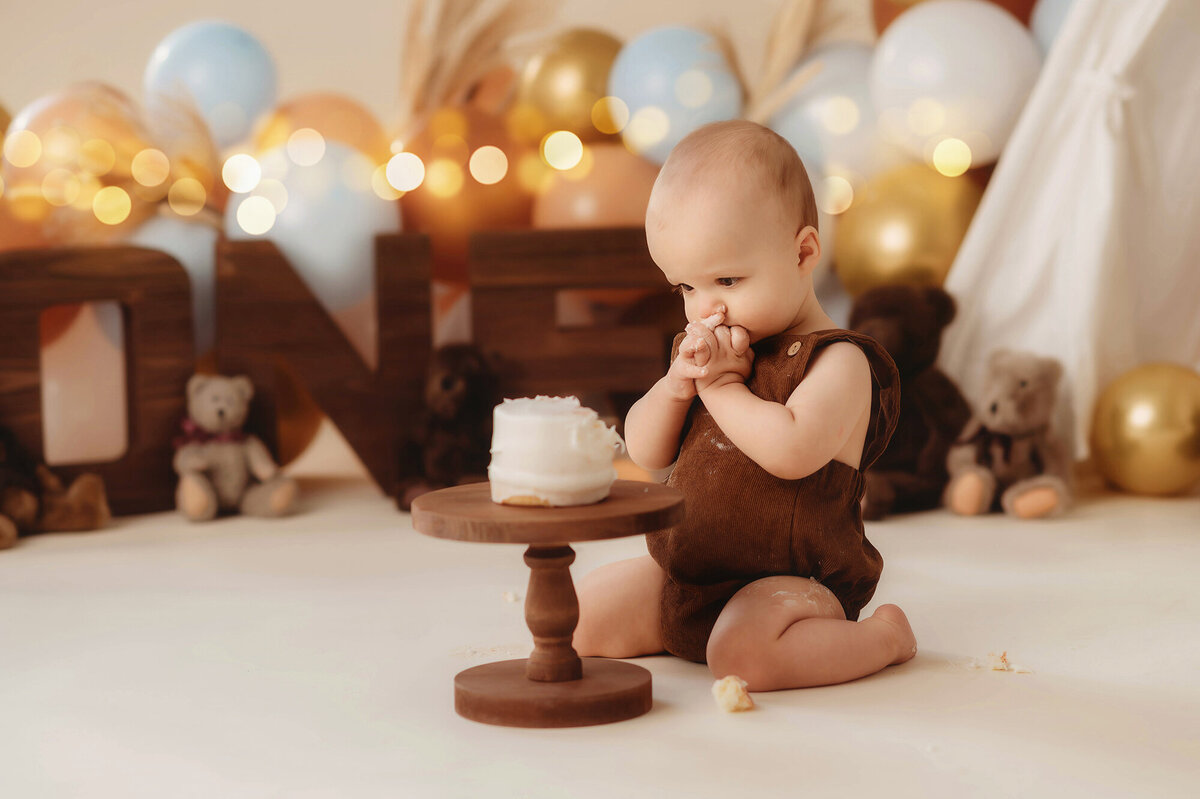 Baby contemplates birthday cake during his first birthday Cake Smash Photo Session in Asheville, NC.