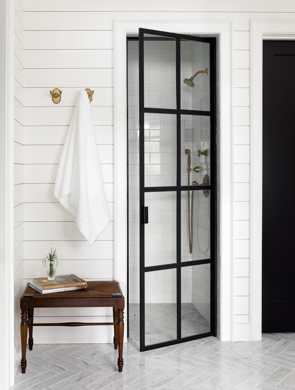 Walk-in-shower-wooden-exterior-antique-hardware
