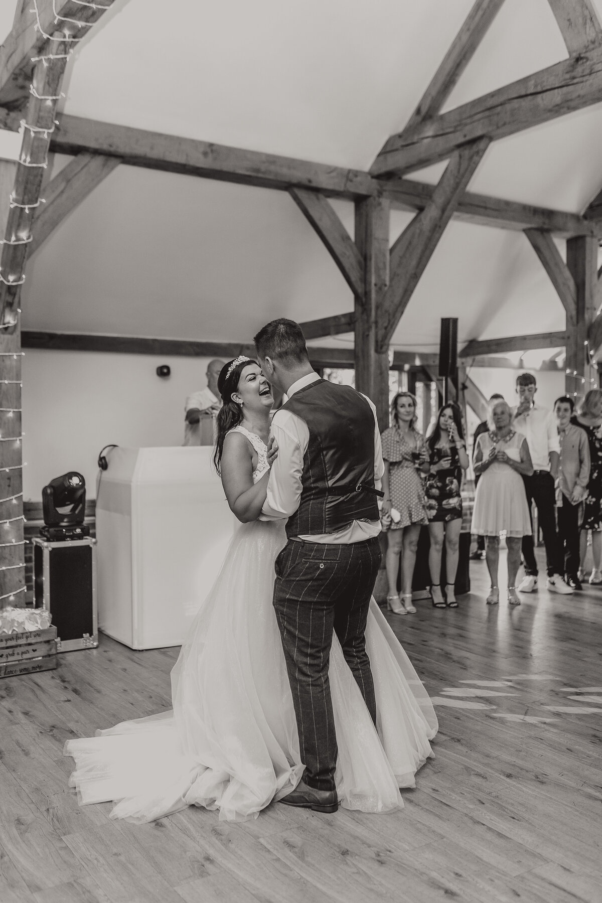 Bride and groom dancing at Sandhole Oak Wedding Barn Cheshire