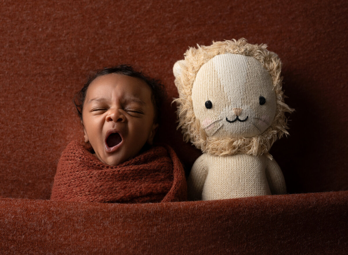 Newborn boy wrapped in rust knit blanket yawning next to a lion plush – Cedar Park baby photos