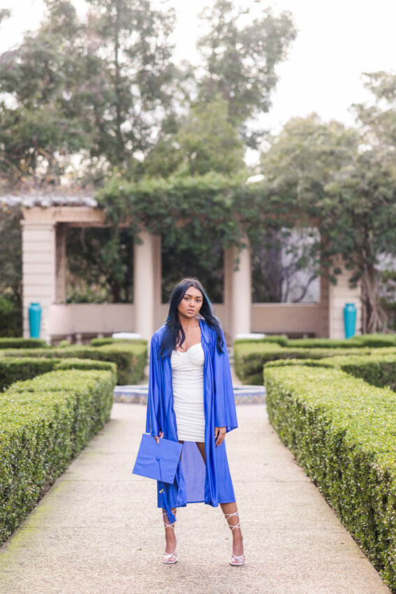 Senior girl in blue gown in Balboa Park San Diego
