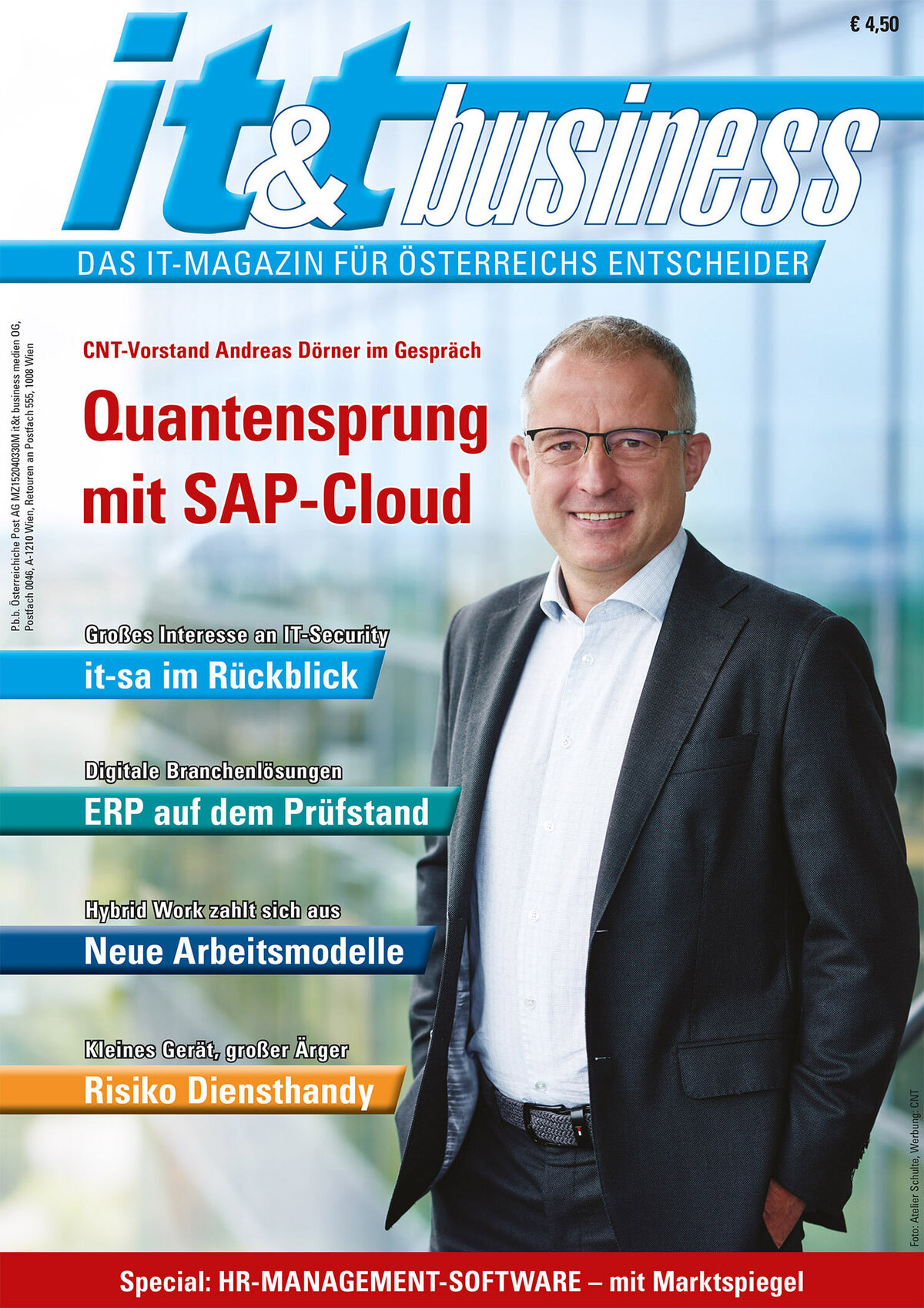 Businessportrait für ein Fachmagazin-Cover im IT-Bereich – aufgenommen von Atelier Schulte in Wien. Professionelle Portraitfotografie für Print- und Unternehmenskommunikation.