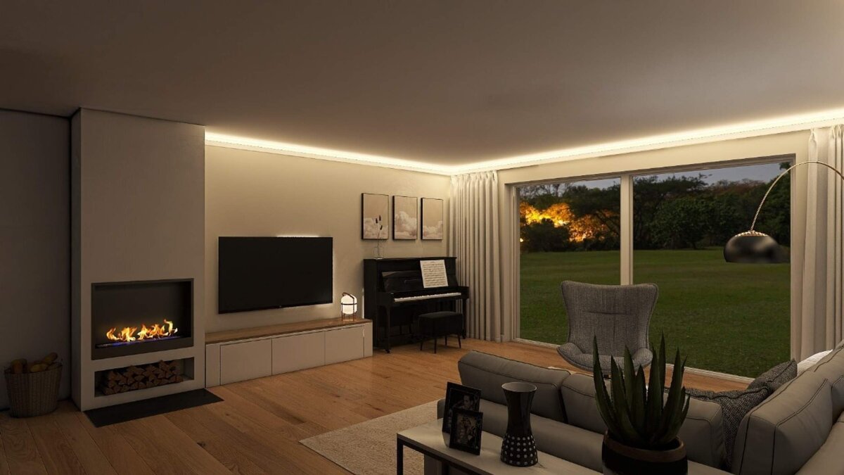 Helles Schlafzimmer mit Kamin, Pflanzen und stilvoller Dekoration