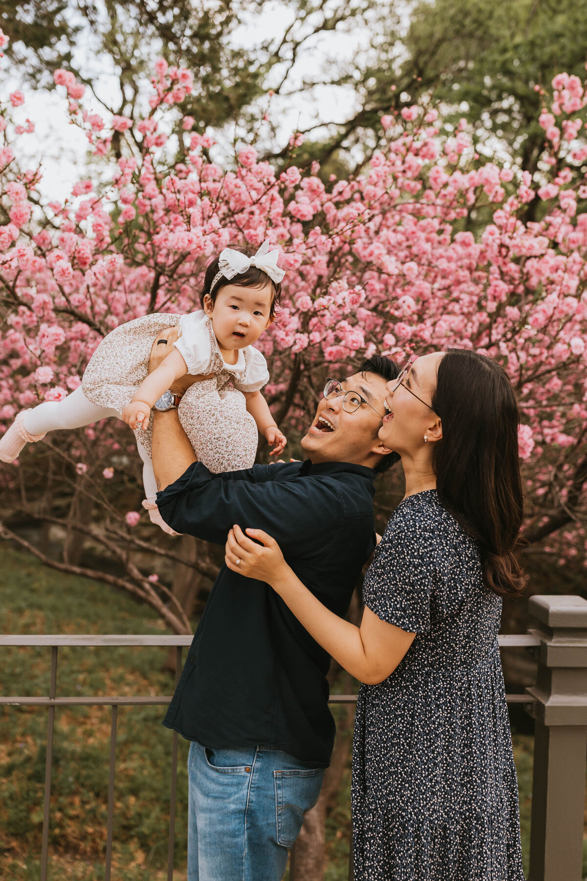 father holds daughter up in the air while mom watches with delight in front of the cherry blossom trees