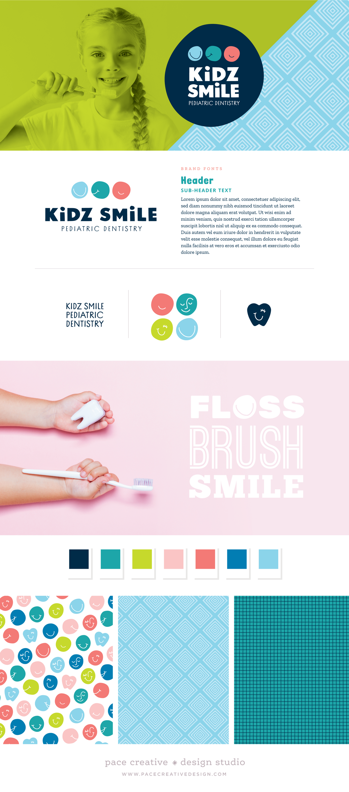 Playful brand design elements for Kidz Smile Pediatric Dentistry. Designed by Pace Creative Design Studio