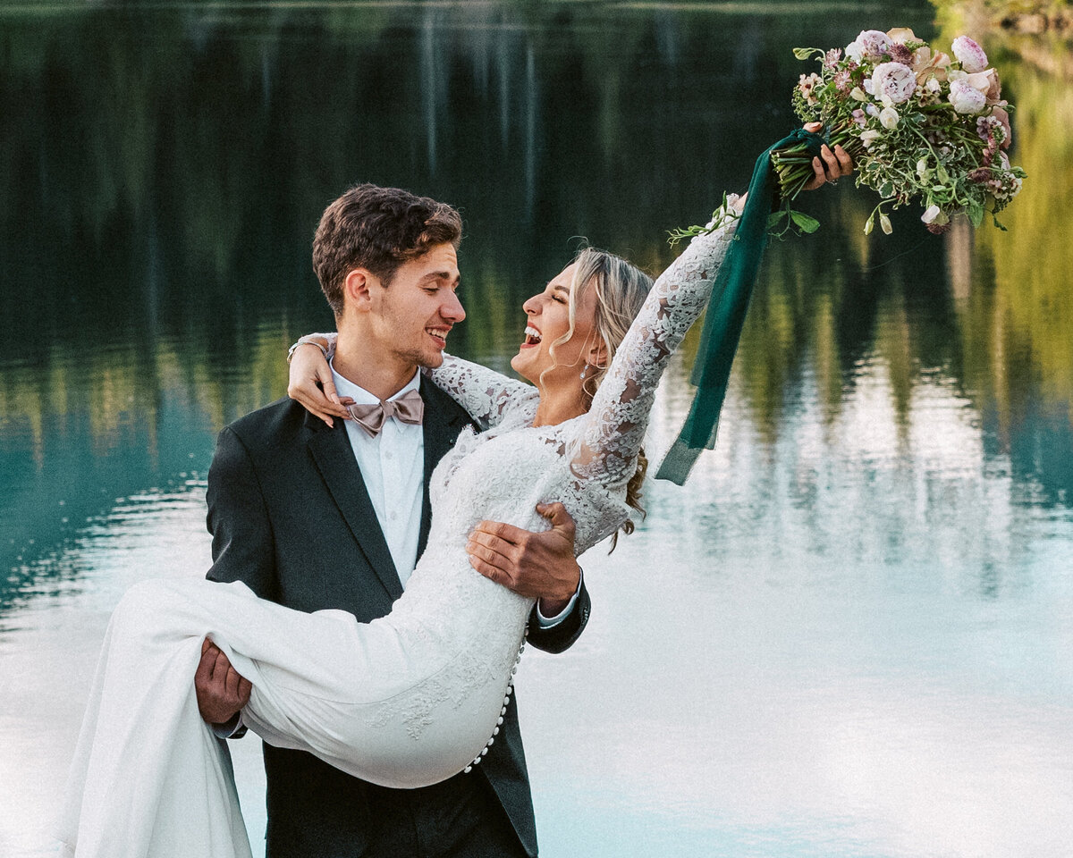pnw elopement photography on film in gold creek pond in washington state