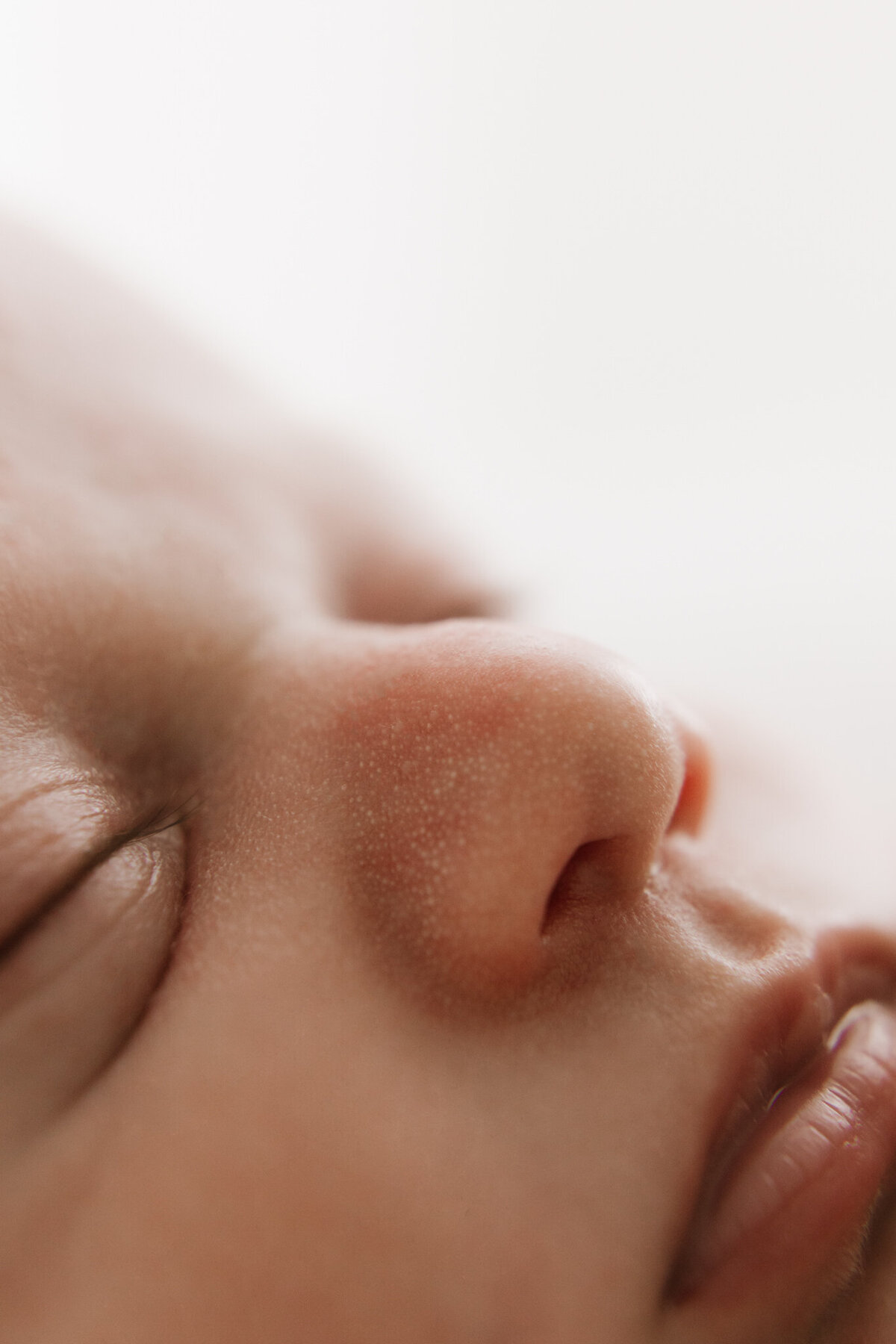 Close-up macro image of a newborn's nose, lips and skin texture captured during a natural light newborn session in Southwest Sydney.