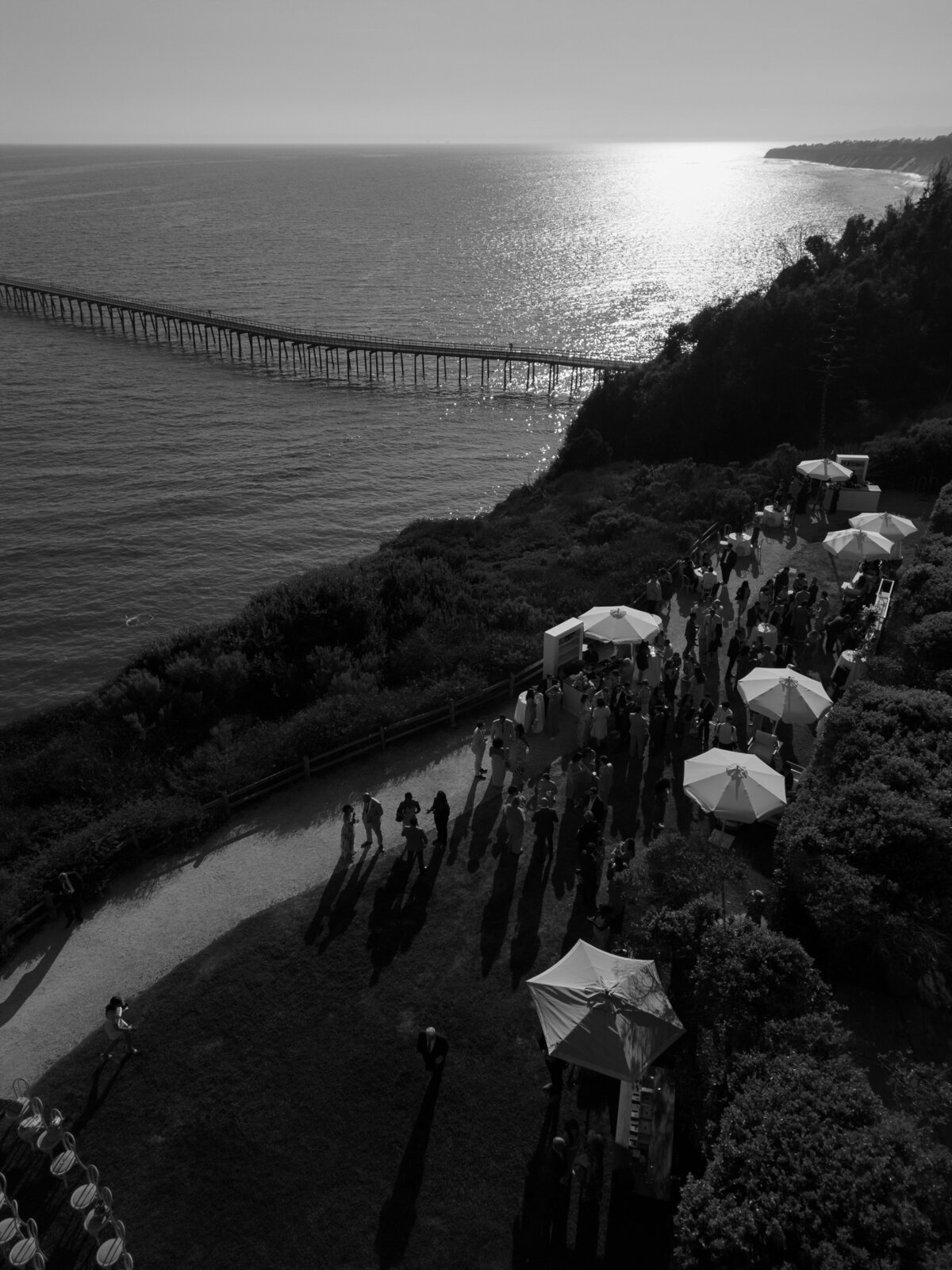 drone shot of cocktail reception at luxury wedding in santa barbara