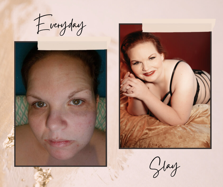 Red headed woman posing at a boudoir session in Minneapolis MN  a before and after