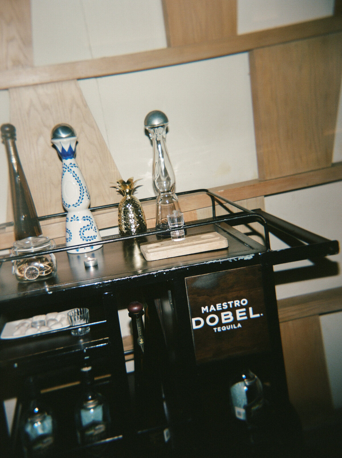 Mexico film wedding photographer, tequila bar cart, Paradisus Playa del Carmen, La Perla