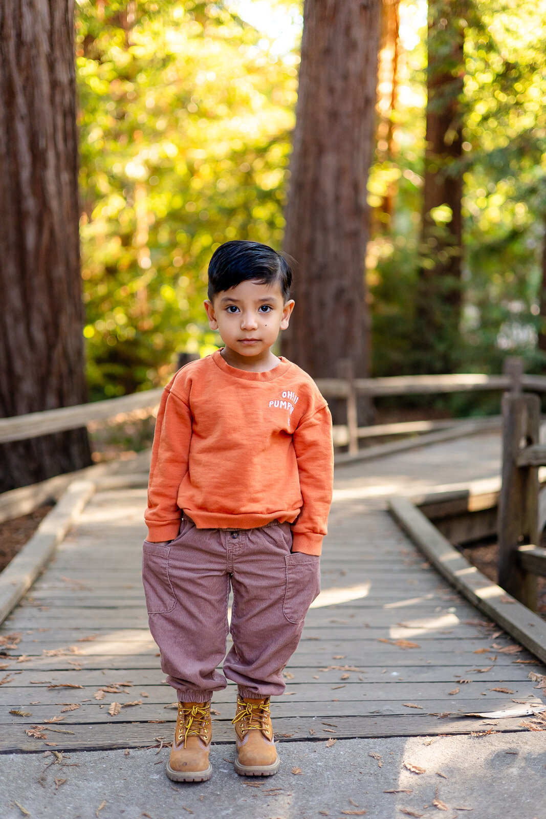 Boy in orange sweater standing on a wooden path surrounded by redwoods during Bay Area school photography lifestyle session – Ellobelle Photography
