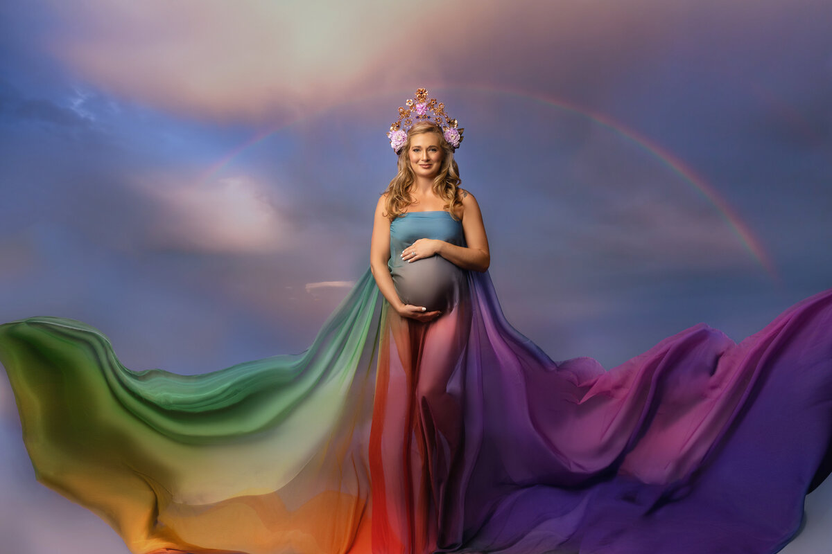 standing crown rainbow fabric pregnant belly maternity blonde studio