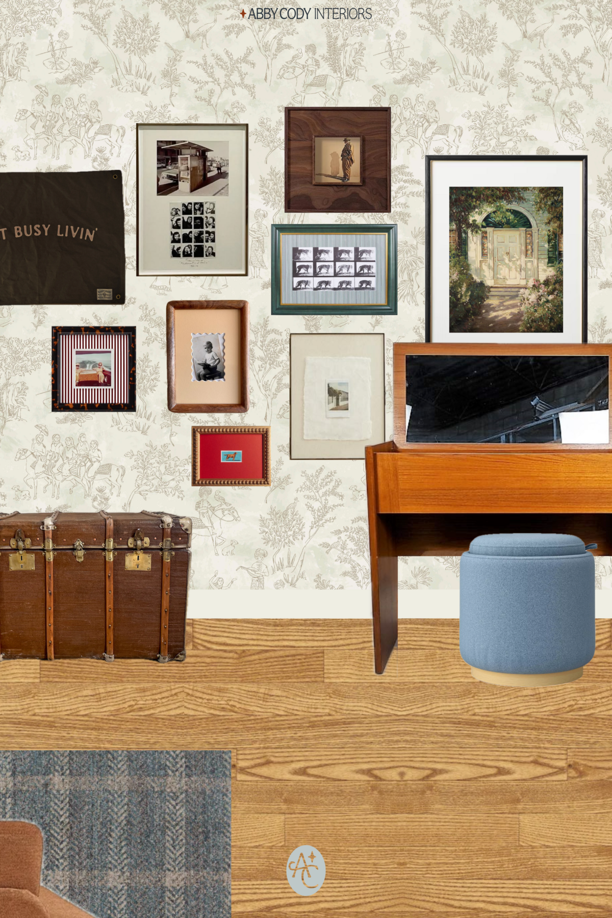 New York City entryway with vintage teak mid-century vanity as entry table, vintage chest, eclectic and personal gallery wall