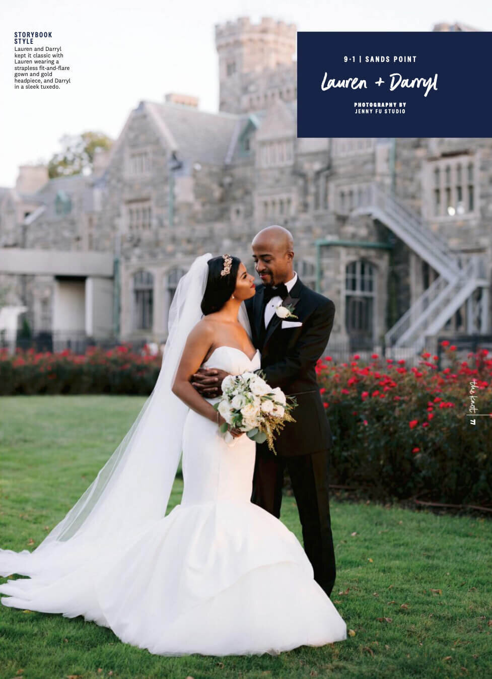 A page in The Knot Magazine where the bride and groom is in front of a castle. Image by Jenny Fu Studio