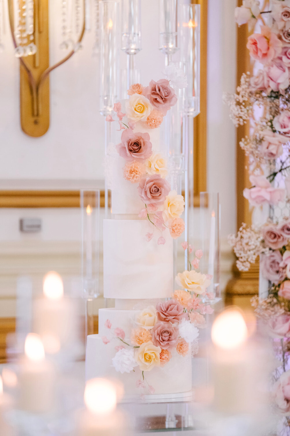 luxury-wedding-reception-pink-floral-crystal-cake
