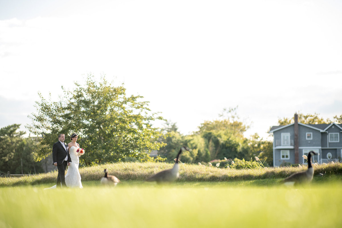 photo of bride and groom with geese outdoors from wedding reception at Lawrence Yacht and Country Club