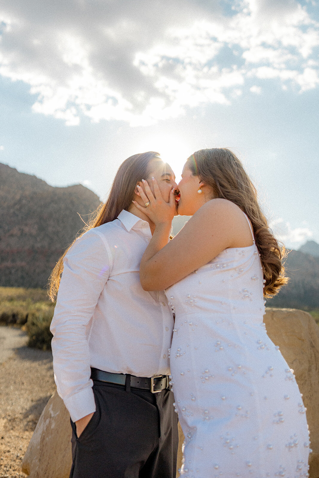 Close up of engaged couple kissing in Nevada