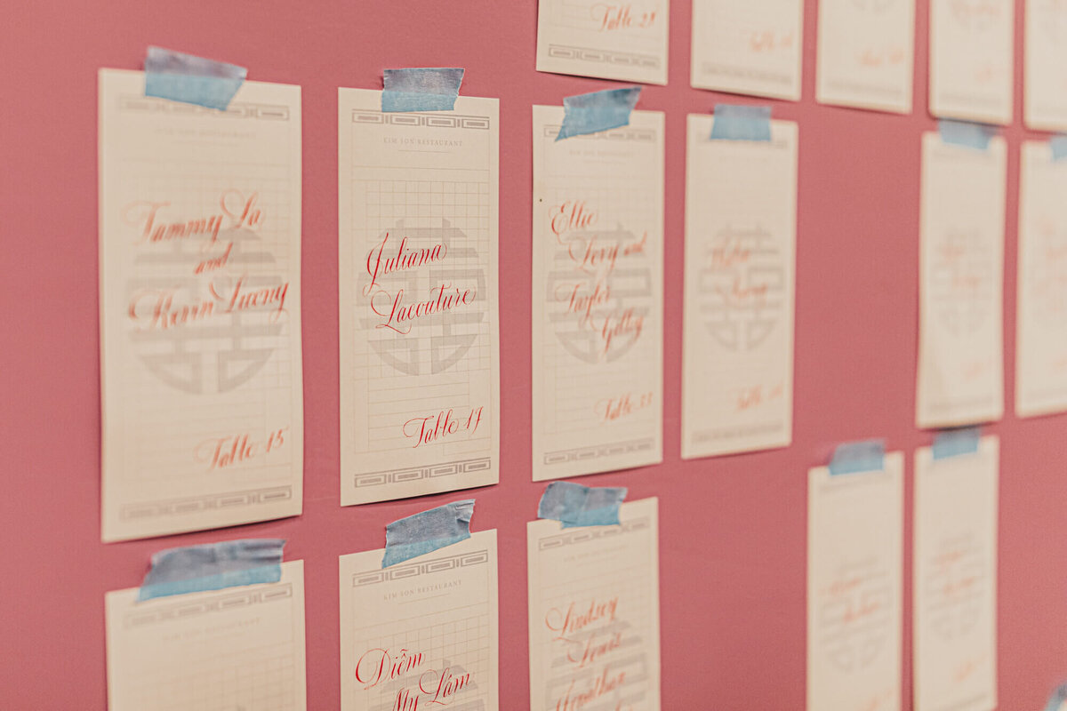 Seating arrangements for wedding dining area is written on order cards.