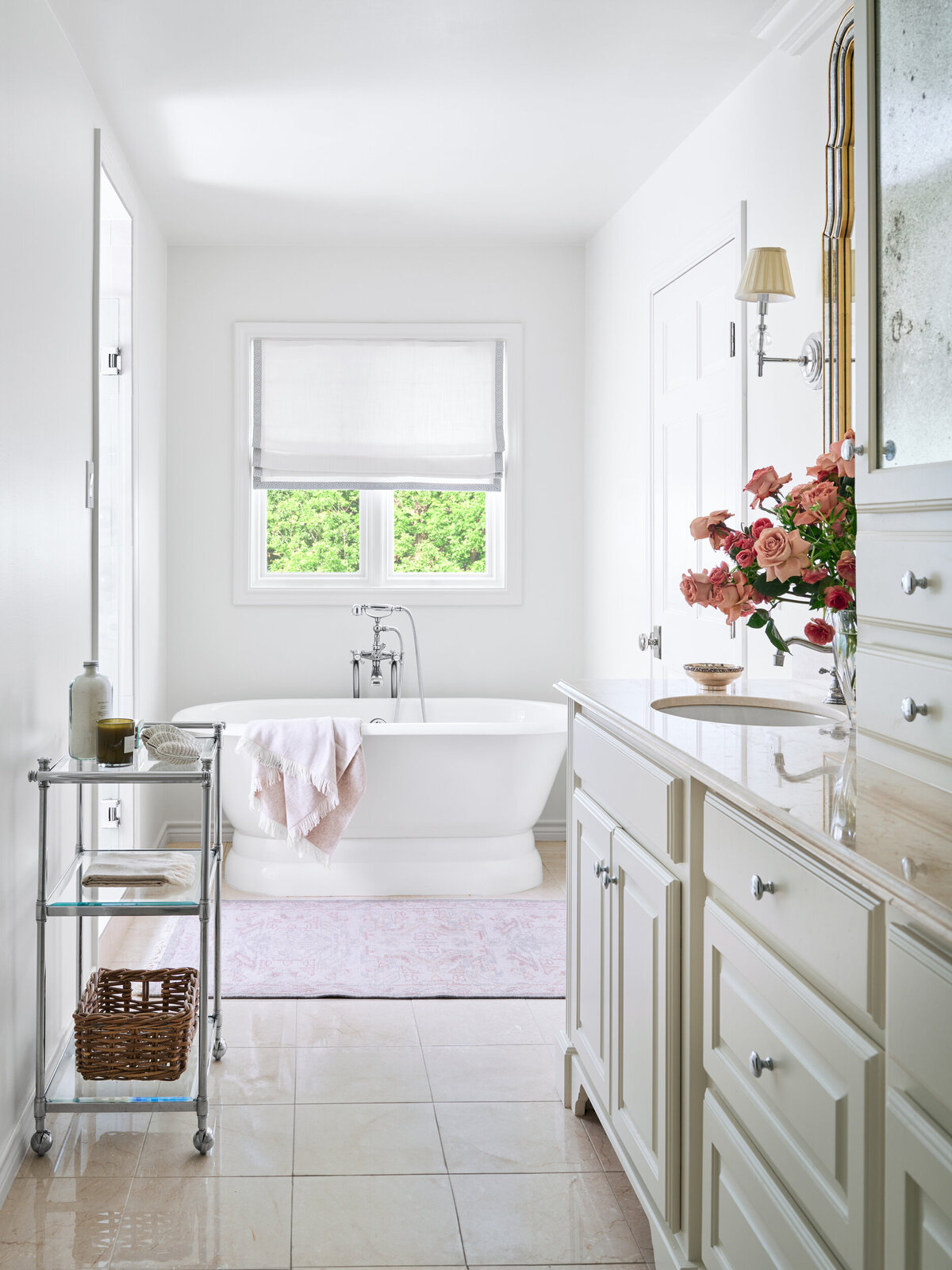 Freestanding Tub, Roman Shade, Bathroom  View, White Cabinets