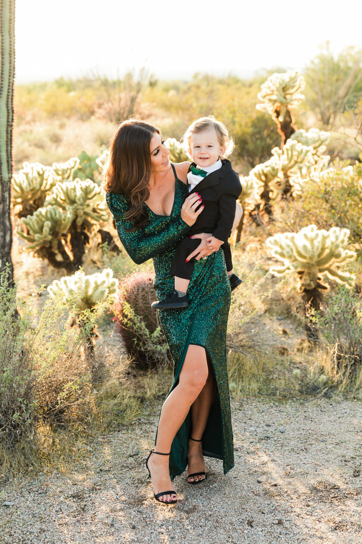 mom and son smiling together in Scottsdale desert