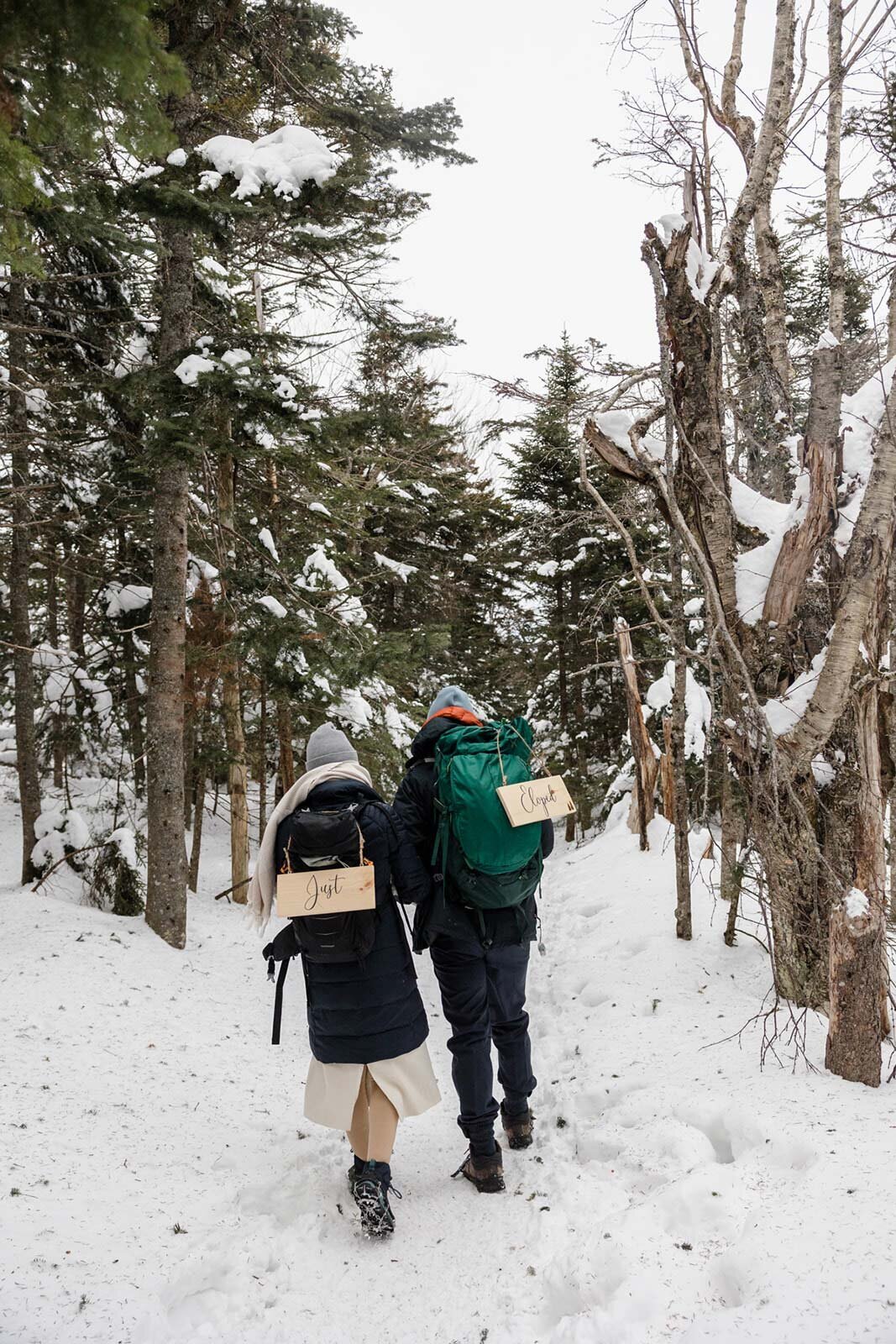 A bride and groom hiking in the snow on their elopement day. They are both wearing their backpacks, and signs that say "just eloped"