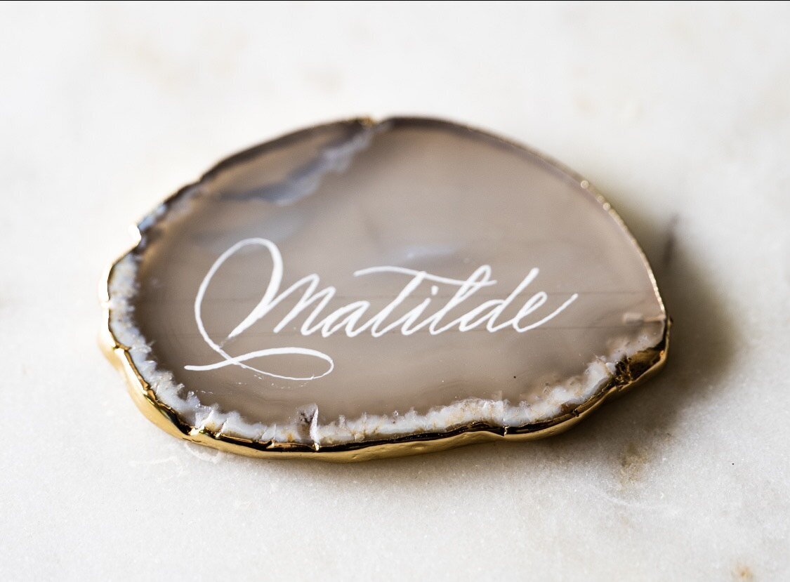 Francisca OToole OC_Los Angeles Calligrapher, Engraver, Agate place card, wedding place card, party place card