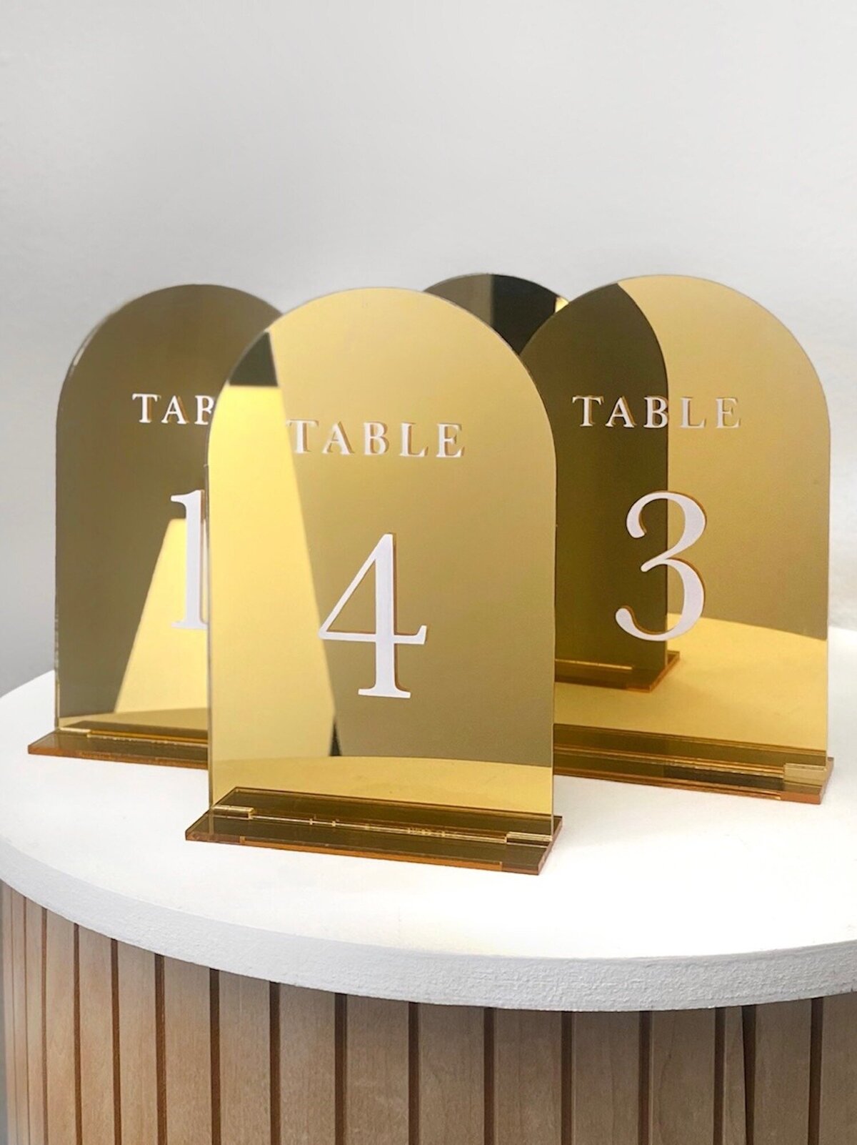 Glamorous gold mirrored table numbers available for rent in the Bay Area