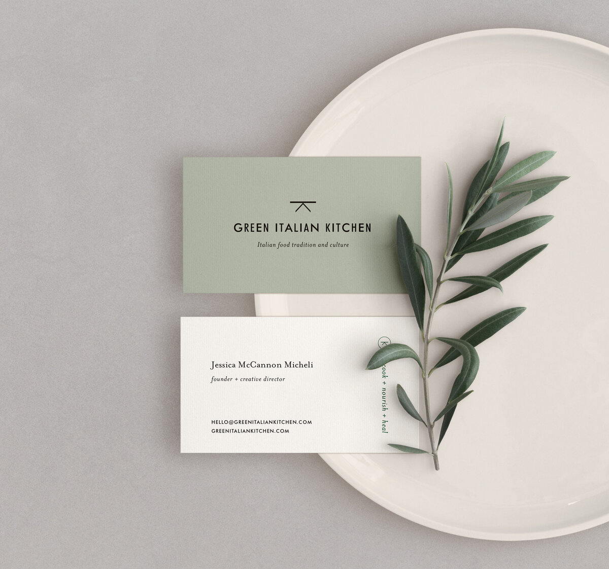 GITK custom business card design for custom branding project, mockup with sage sprig.