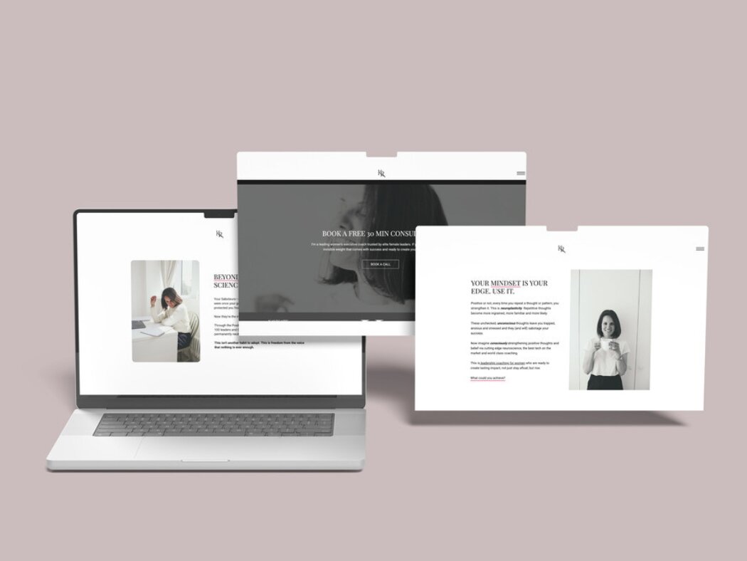 Laptop with two floating browser windows showcasing a minimalist coaching website, including a call to book a free consultation and a message about mindset being an edge.
