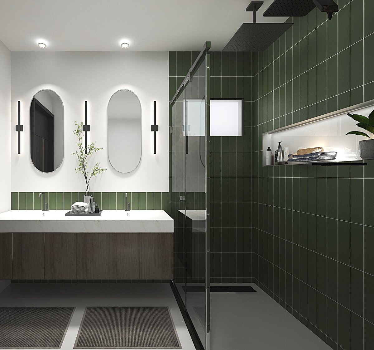 green bathroom tile in shower