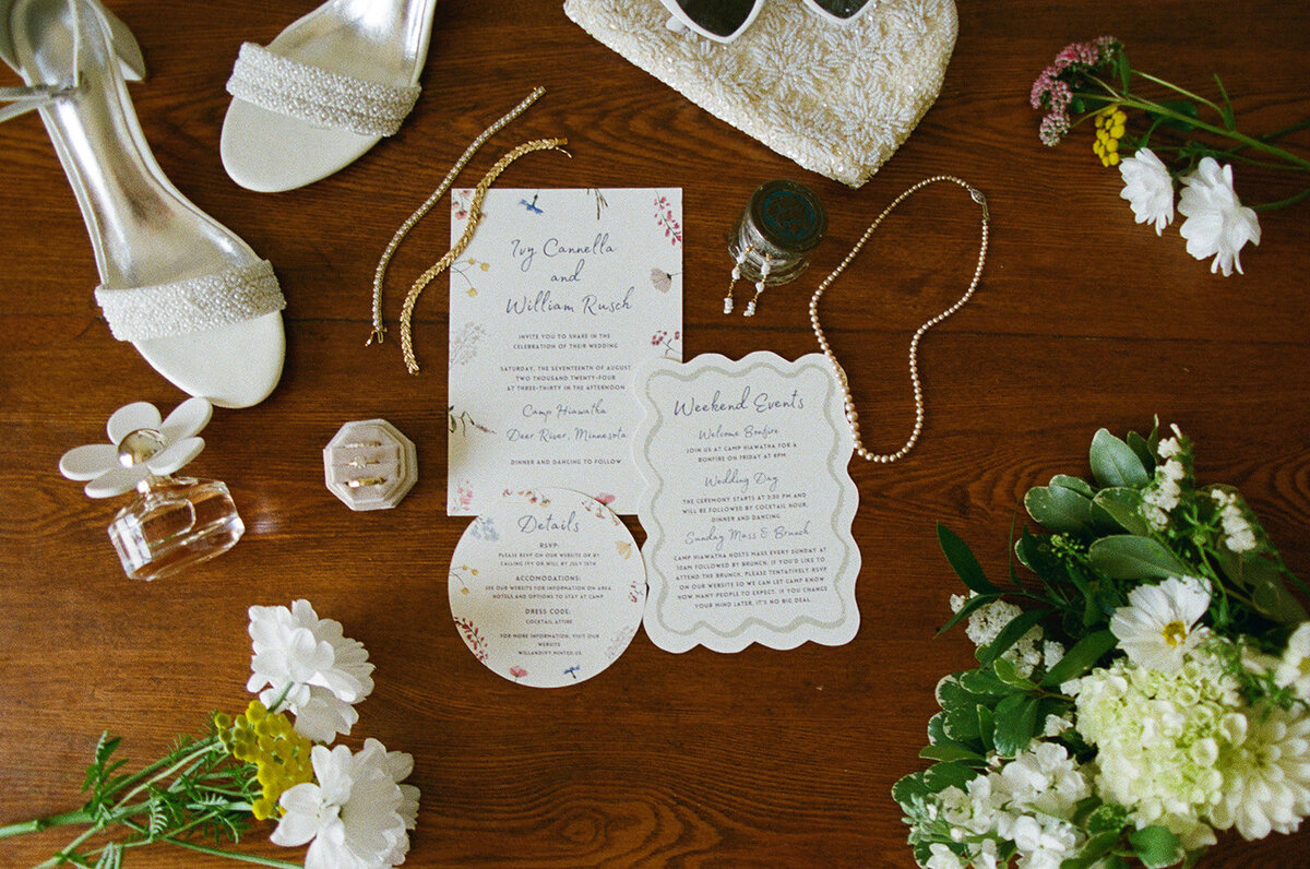 detail photos of invitation, rings, shoes, etc on the morning of a wedding day