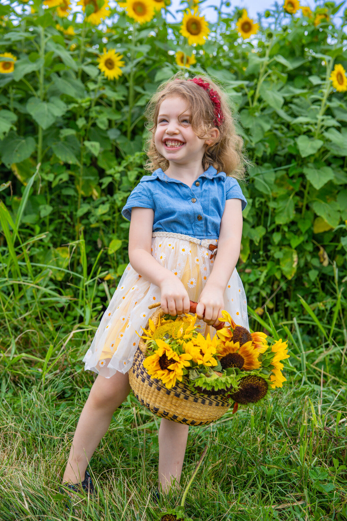 Smiling young girl holding a basket of sunflowers in a field, captured by Capture Joy Photography, Northern Virginia family photographer.
