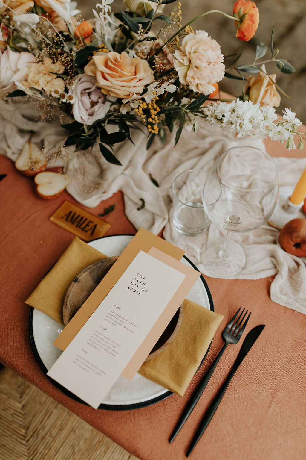 Tuscany boho earthy organic Tablescape wedding flowers