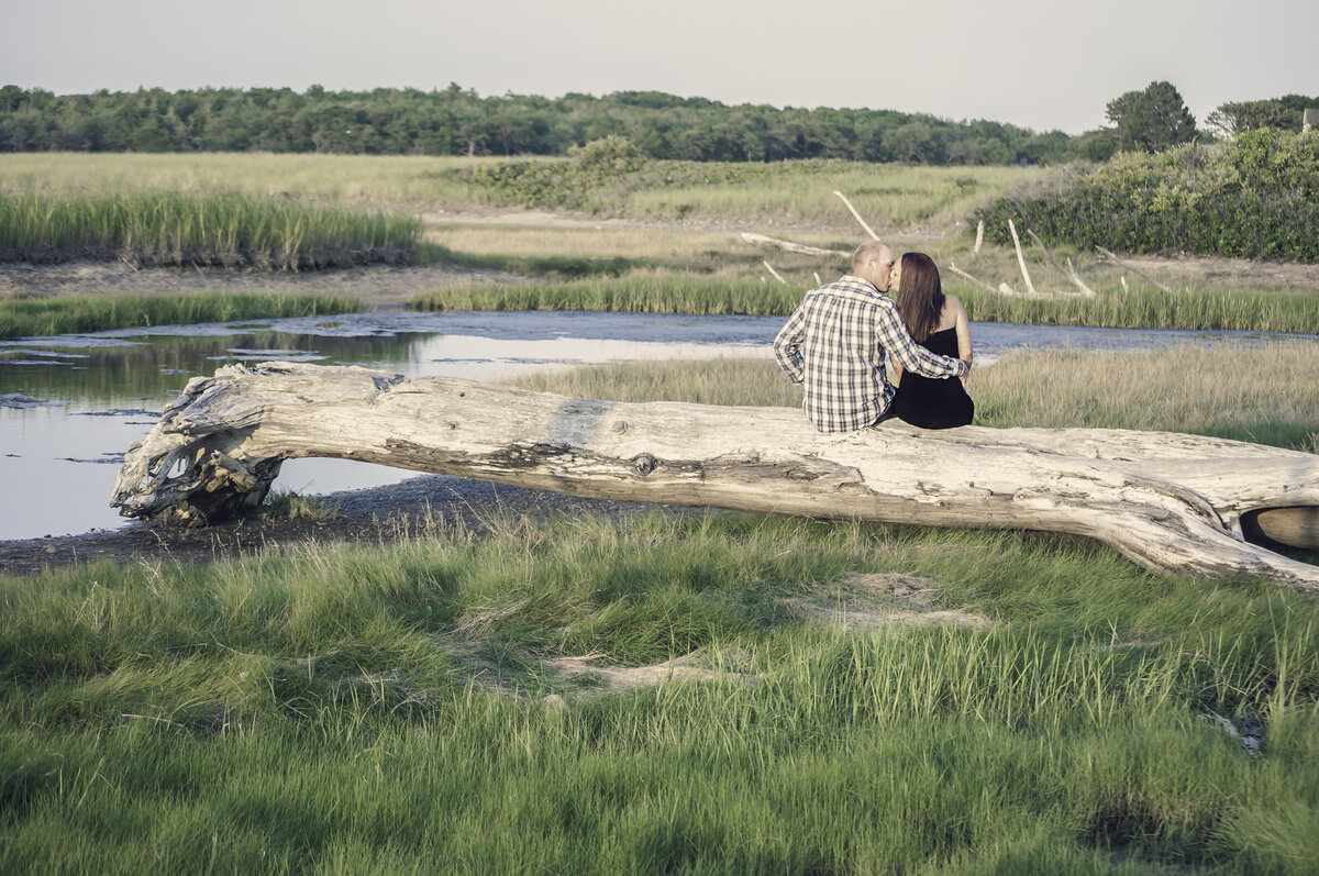 Engaged couple sitting on driftwood at engagement photography session